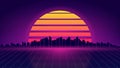 Retro futuristic night cityscape. Retrowave and synthwave style illustration of night city skyline. Retro poster, banner. Vector Royalty Free Stock Photo